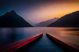 une Dock dans le milieu de une Lac à le coucher du soleil. généré par ai photo