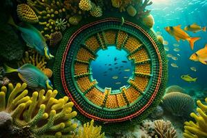 une circulaire structure entouré par corail et poisson. généré par ai photo