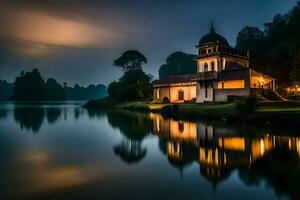 une église est réfléchi dans le l'eau à nuit. généré par ai photo