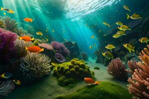un sous-marin scène avec poisson et corail. généré par ai photo
