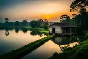 une petit maison est assis sur le bord de une Lac à le coucher du soleil. généré par ai photo