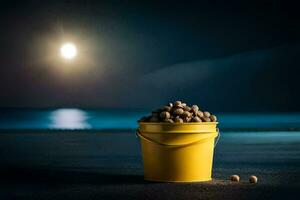 une seau de des noisettes sur le plage à nuit. généré par ai photo