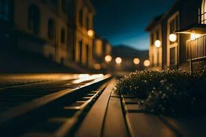 une train Piste dans le milieu de une ville à nuit. généré par ai photo