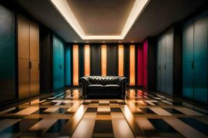 une noir cuir chaise dans une pièce avec coloré des murs. généré par ai photo