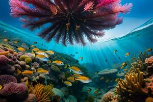 une corail récif avec poisson et mer Ventilateurs. généré par ai photo