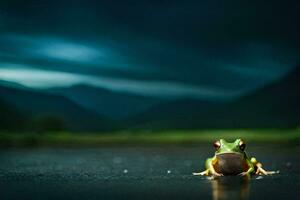 une grenouille séance sur le sol dans le sombre. généré par ai photo