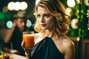 une femme en portant une verre de Orange jus. généré par ai photo