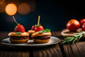 mini des hamburgers avec des fraises et herbes sur une plaque. généré par ai photo