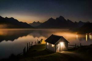 une petit cabine est assis sur le rive de une Lac à nuit. généré par ai photo