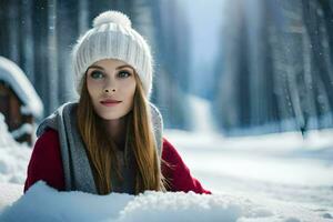 une femme dans une hiver chapeau est pose dans le neige. généré par ai photo