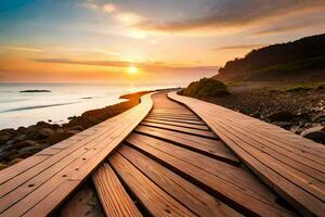 une en bois passerelle pistes à le océan à le coucher du soleil. généré par ai photo