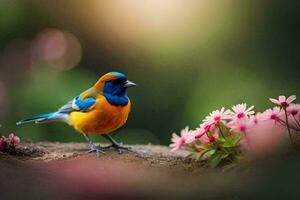 une coloré oiseau est permanent sur une Roche avec rose fleurs. généré par ai photo