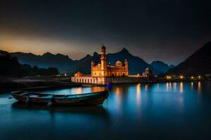 une bateau est assis sur le l'eau dans de face de une mosquée à nuit. généré par ai photo