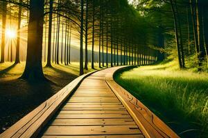 une en bois chemin pistes par le forêt à le coucher du soleil. généré par ai photo