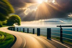 une route avec une arbre dans le premier plan et Soleil brillant par le des nuages. généré par ai photo