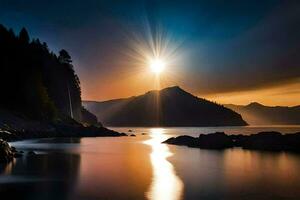 le Soleil brille plus de une Montagne et une lac. généré par ai photo