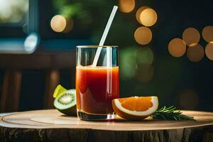 une verre de jus avec une paille. généré par ai photo