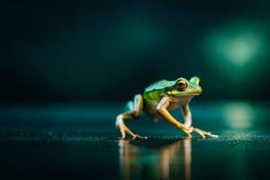 une grenouille sur une foncé Contexte. généré par ai photo