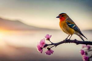 une oiseau est assis sur une branche avec rose fleurs. généré par ai photo