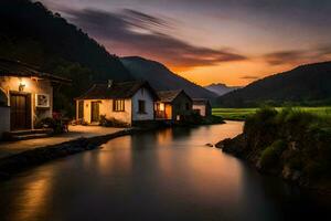 photo fond d'écran le ciel, montagnes, rivière, loger, coucher de soleil, le village, rivière, le. généré par ai