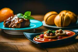 nourriture sur une table avec assiettes et boules. généré par ai photo