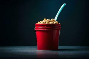 une cuillerée de cacahuètes dans une rouge Coupe. généré par ai photo