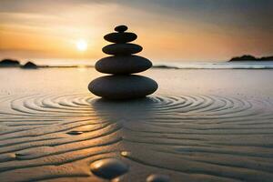 une empiler de des pierres sur le plage à le coucher du soleil. généré par ai photo