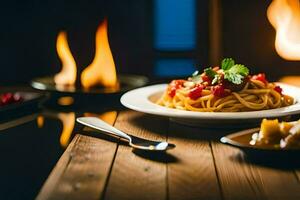 une assiette de spaghetti avec tomate sauce et garnir sur une en bois tableau. généré par ai photo