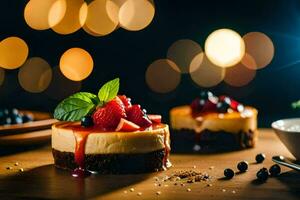 cheesecake avec baies et Chocolat sur une en bois tableau. généré par ai photo