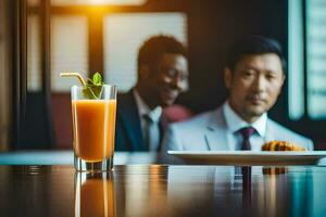 deux Hommes dans costume séance à une table avec une verre de Orange jus. généré par ai photo