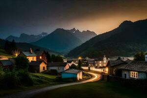 photo fond d'écran le ciel, montagnes, route, village, coucher de soleil, route, route, village,. généré par ai