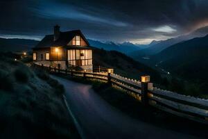 une maison est assis sur le côté de une Montagne à nuit. généré par ai photo