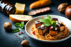 spaghetti avec Viande et des légumes sur une foncé tableau. généré par ai photo