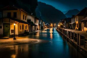 une rivière court par une ville à nuit. généré par ai photo
