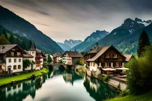 photo fond d'écran montagnes, rivière, Maisons, le village, Suisse, le Alpes, le. généré par ai