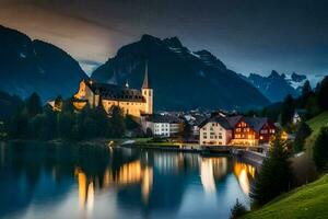 une ville est assis sur le rive de une Lac à nuit. généré par ai photo