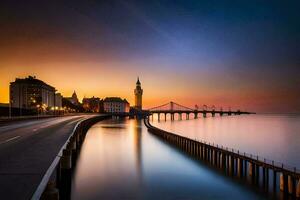 le le coucher du soleil plus de le l'eau et une pont. généré par ai photo