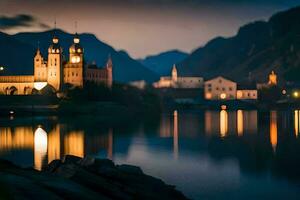 photo fond d'écran le ciel, montagnes, eau, nuit, église, le ville, le lac,. généré par ai