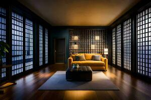 une vivant pièce avec une Jaune canapé et en bois étages. généré par ai photo