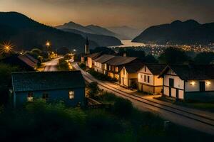 une ville à crépuscule avec Maisons et montagnes dans le Contexte. généré par ai photo