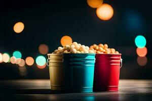 Trois tasses de pop corn sur une table avec bokeh lumières. généré par ai photo