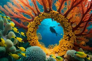 une poisson nage par une corail récif avec un Orange mer ventilateur. généré par ai photo