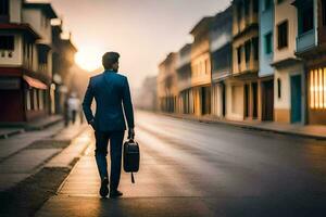 une homme dans une costume des promenades vers le bas une rue à le coucher du soleil. généré par ai photo