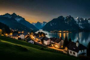 une ville dans le montagnes à crépuscule avec montagnes dans le Contexte. généré par ai photo