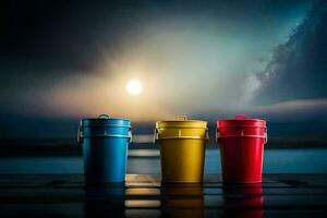 Trois coloré poubelle canettes asseoir sur une table dans de face de une foncé ciel. généré par ai photo