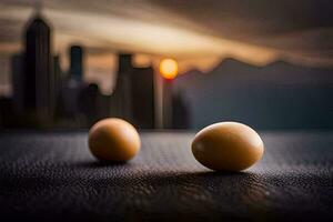 deux des œufs sur une table avec une ville dans le Contexte. généré par ai photo
