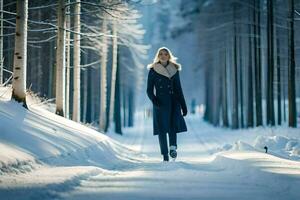 une femme dans une manteau est en marchant par une neigeux forêt. généré par ai photo