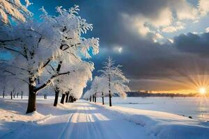 une neigeux route avec des arbres et le Soleil paramètre. généré par ai photo
