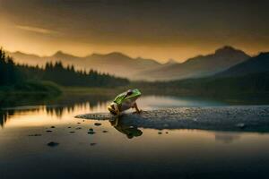 une grenouille est assis sur le bord de une Lac à le coucher du soleil. généré par ai photo