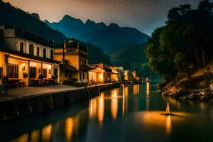 une rivière dans le montagnes à nuit. généré par ai photo